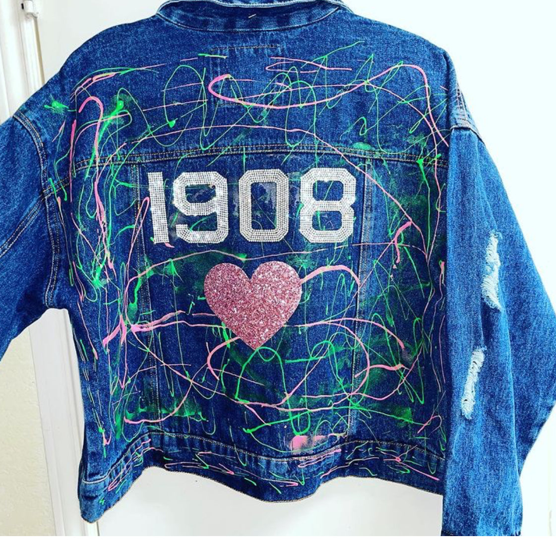 1908 Love - denim bling  jacket  - pink and green accents 